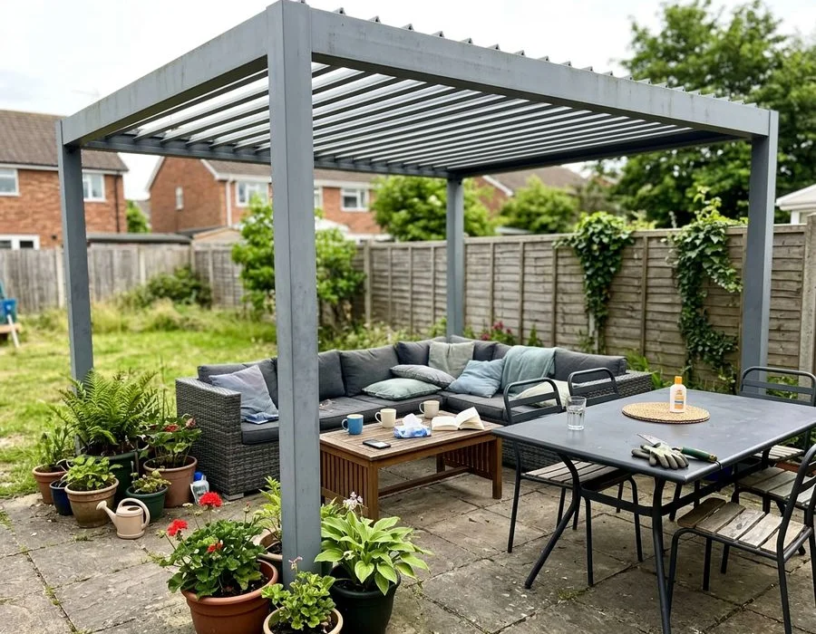 Bioclimatic aluminium pergola over a Luton patio