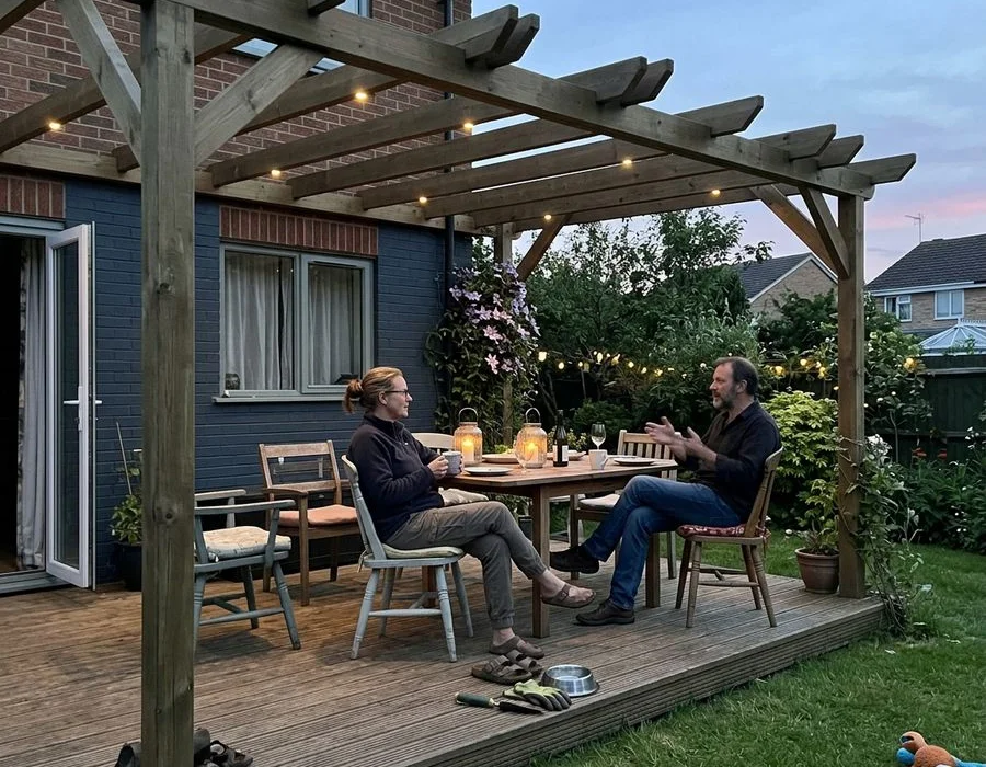 Attached timber pergola over deck with LED downlights in Dunstable