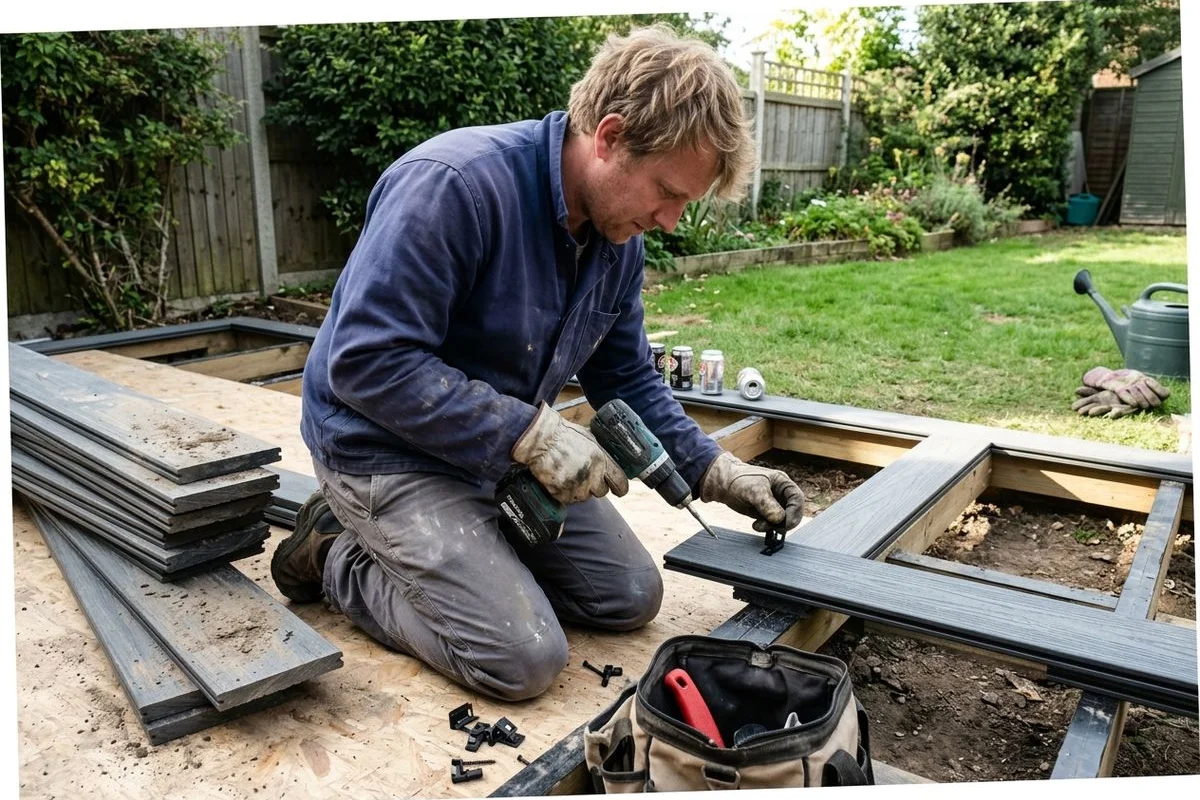 Bedfordshire Decking Builders installer laying composite deck boards