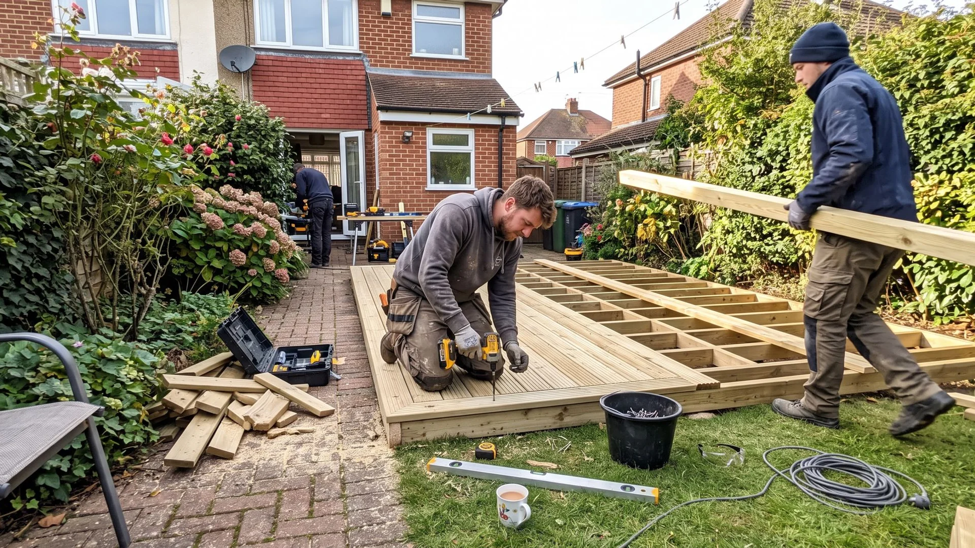 Bedfordshire Decking Builders installer team on site with a timber deck build in progress