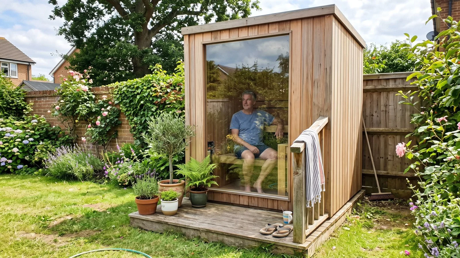 Bespoke cedar-clad outdoor sauna with glass front in a Bedfordshire garden