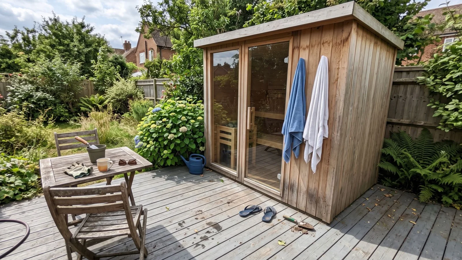 Bespoke cedar outdoor sauna with glass front set on a timber deck