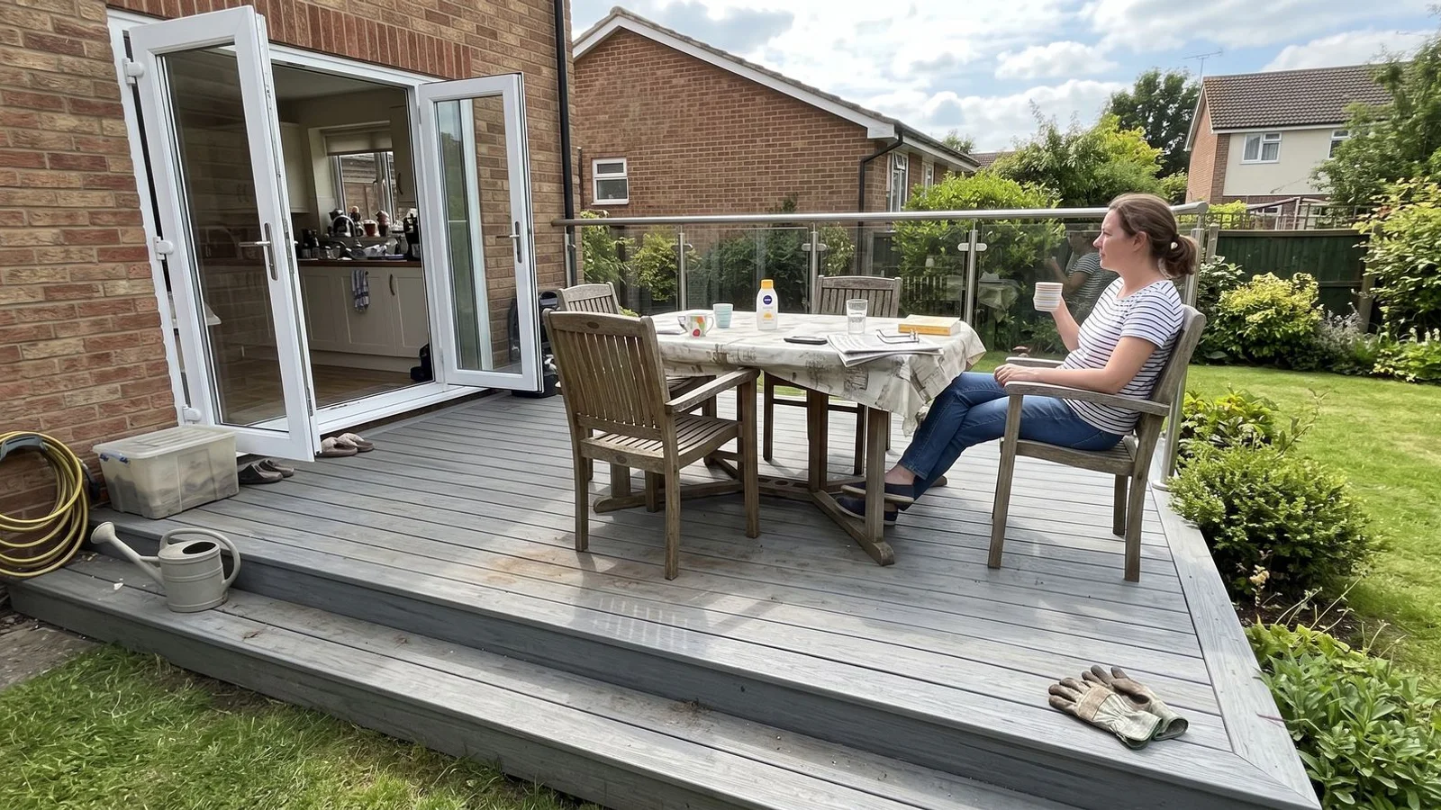 Bespoke composite decking with step and glass balustrade at a detached Bedfordshire home