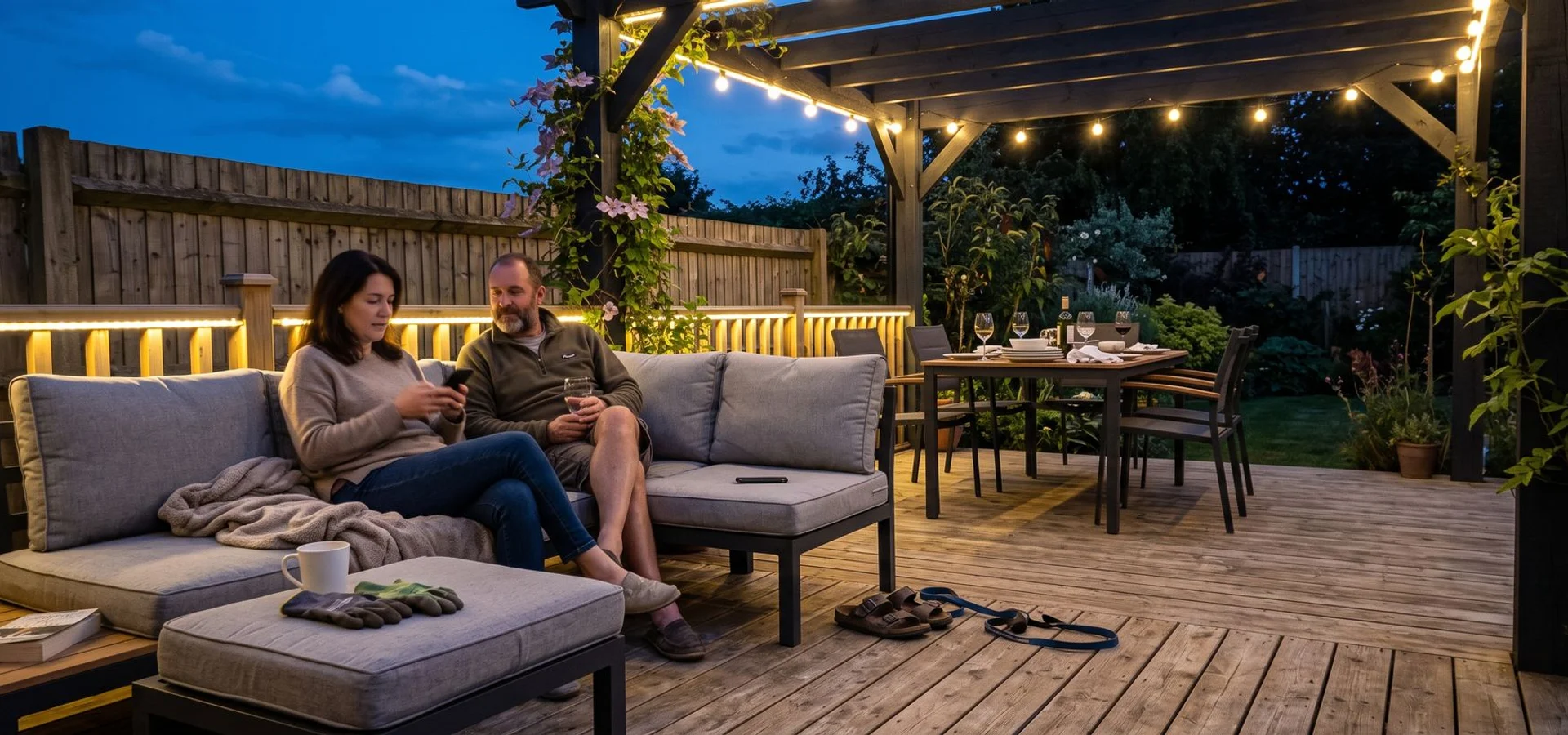 Bespoke timber decking and pergola in a Bedfordshire garden at twilight