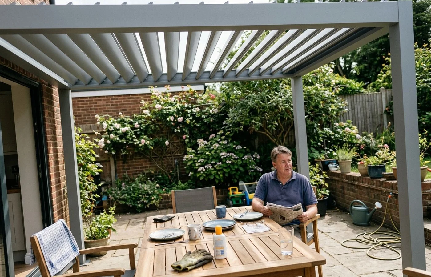 Bioclimatic aluminium pergola with partly open louvered roof over patio dining