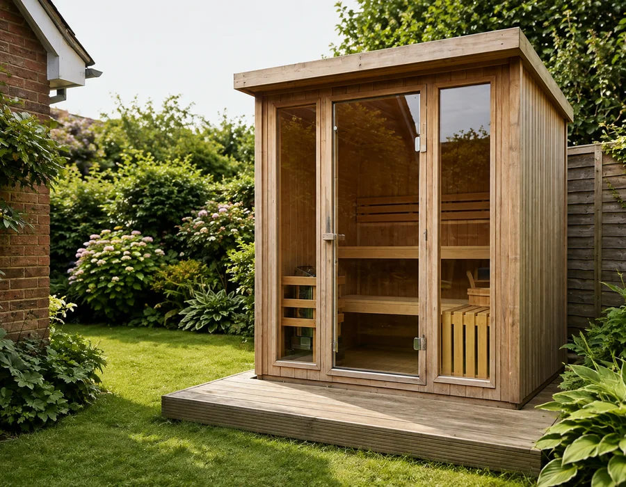 Cedar-clad outdoor sauna with tempered glass front