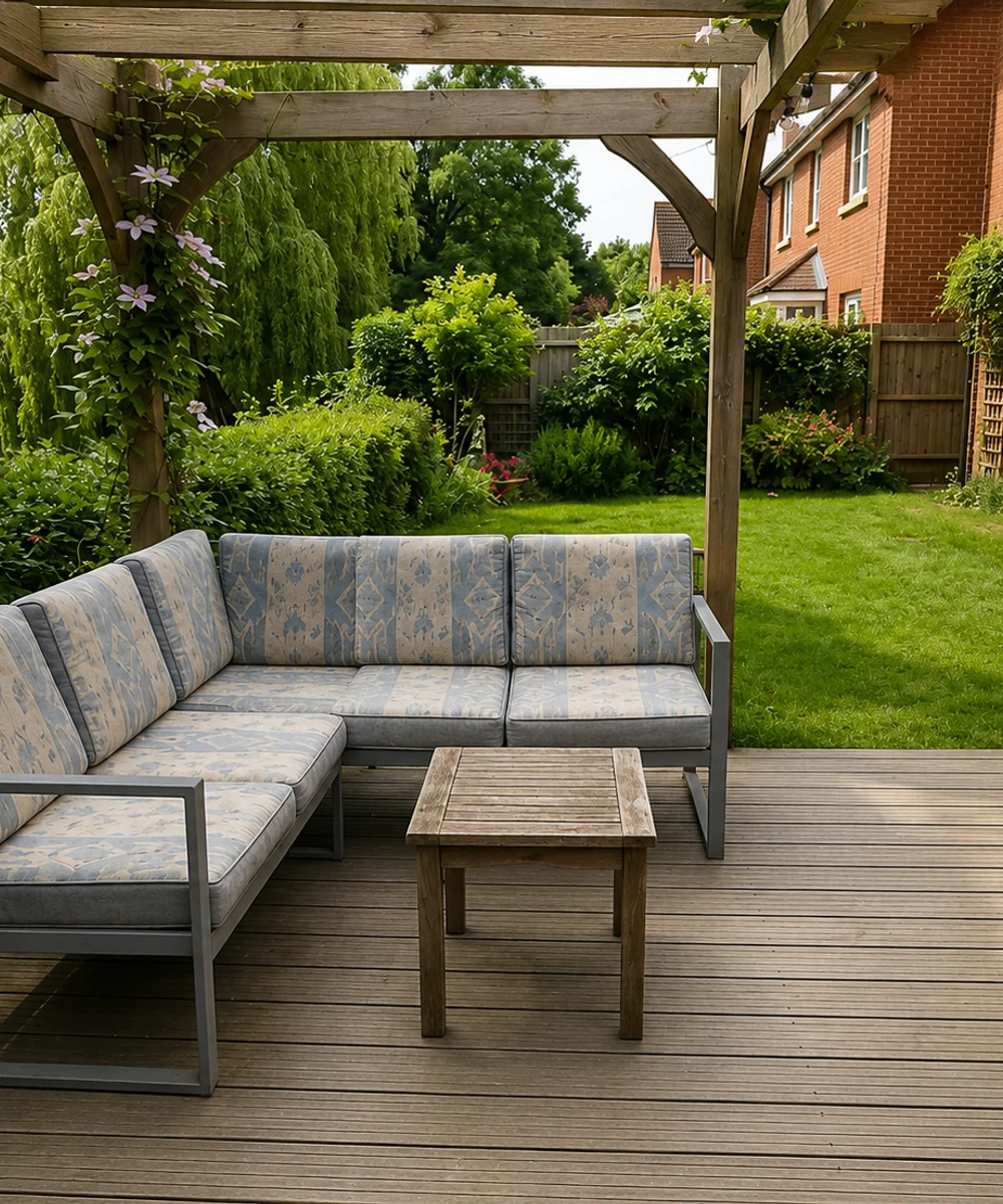 Completed outdoor living space with deck, pergola and lighting in a Bedfordshire garden