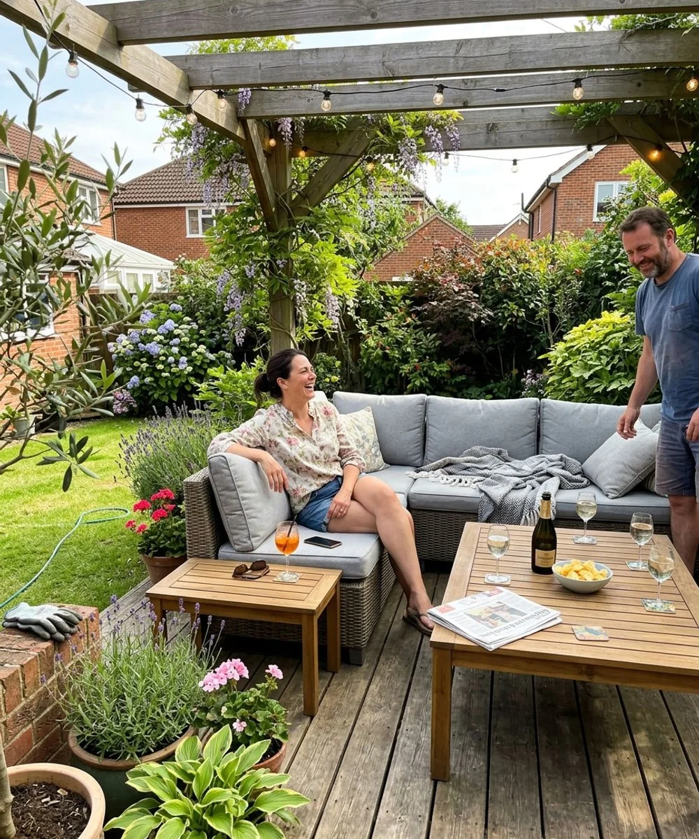 Completed outdoor living space with deck, pergola and lighting in a Bedfordshire garden