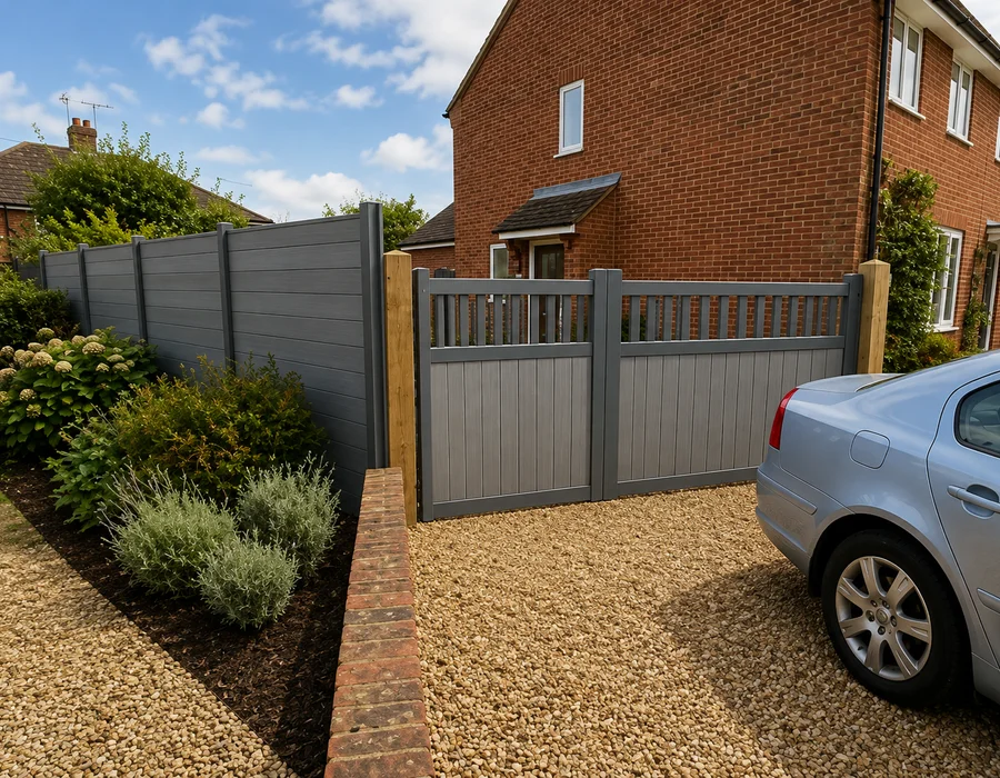 Composite privacy fencing and driveway gate in Dunstable