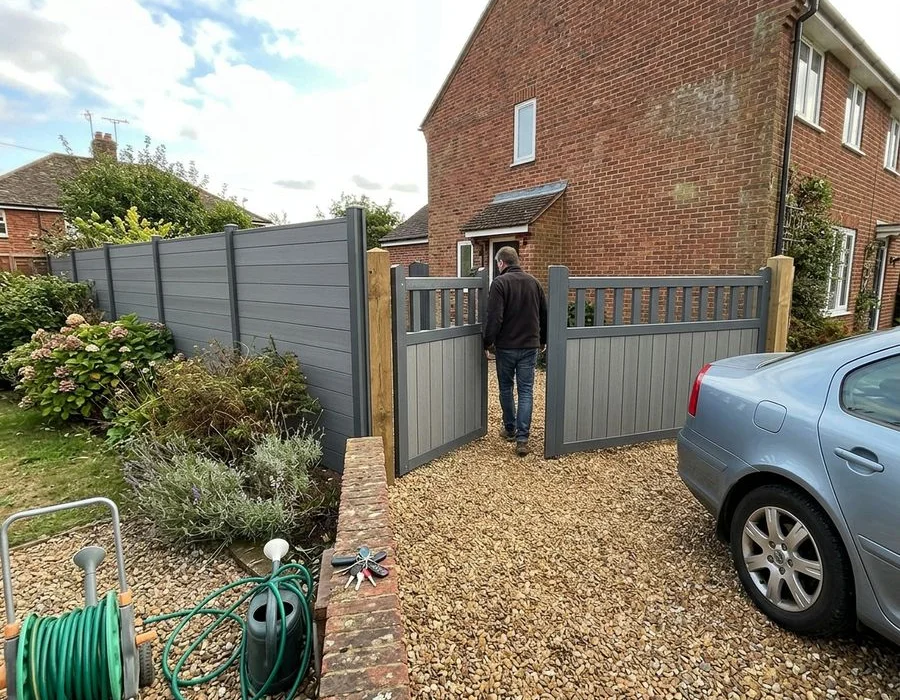 Composite privacy fencing and driveway gate in Dunstable