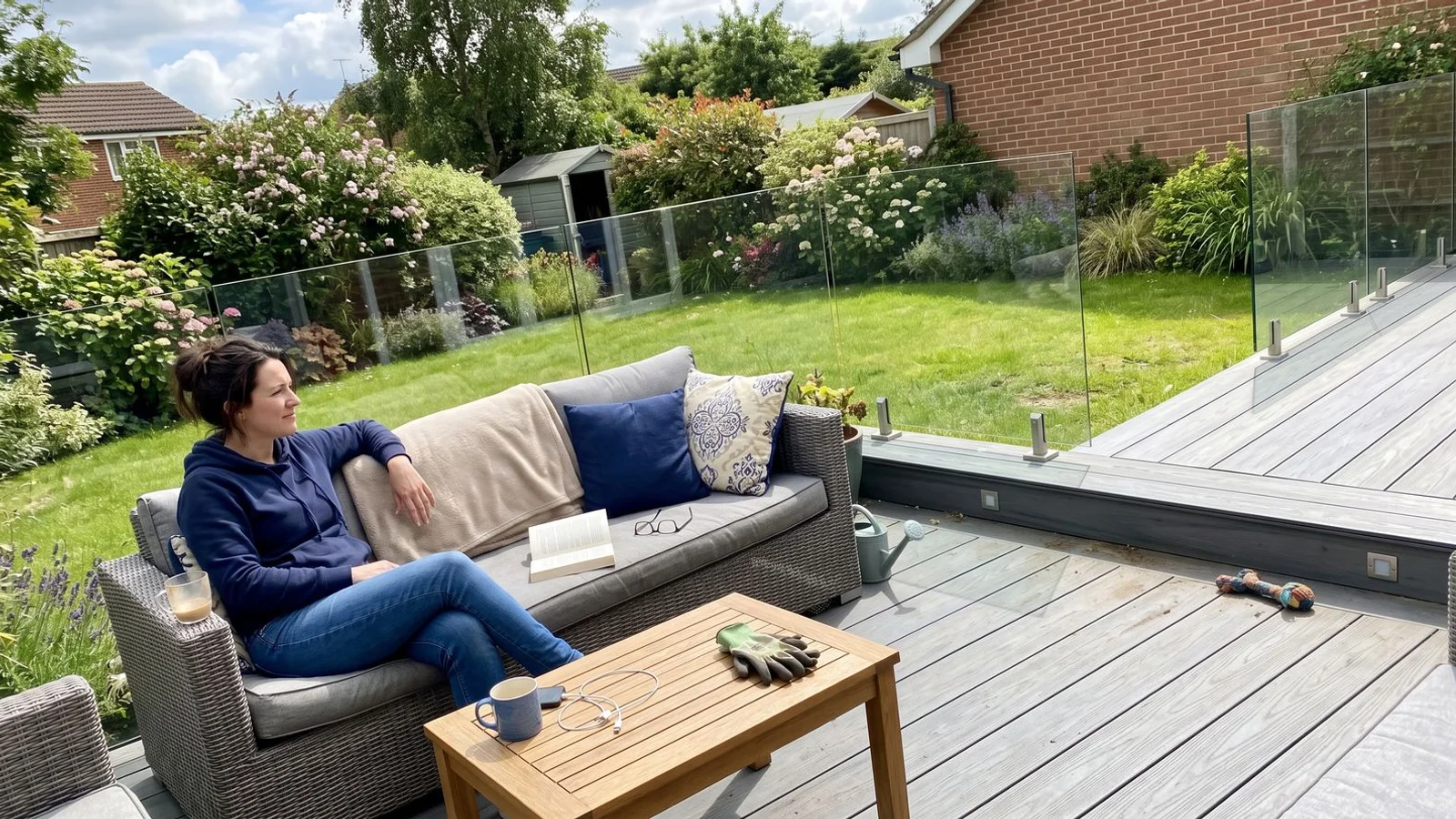 Contemporary composite deck with glass balustrade in a Bedfordshire garden