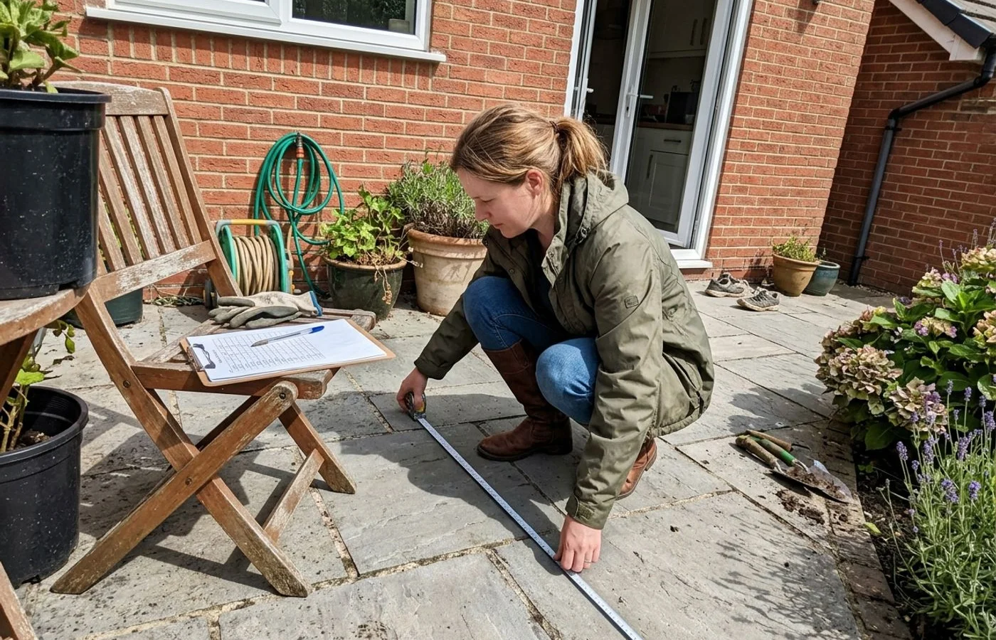 Designer measuring a patio for a bespoke pergola quotation