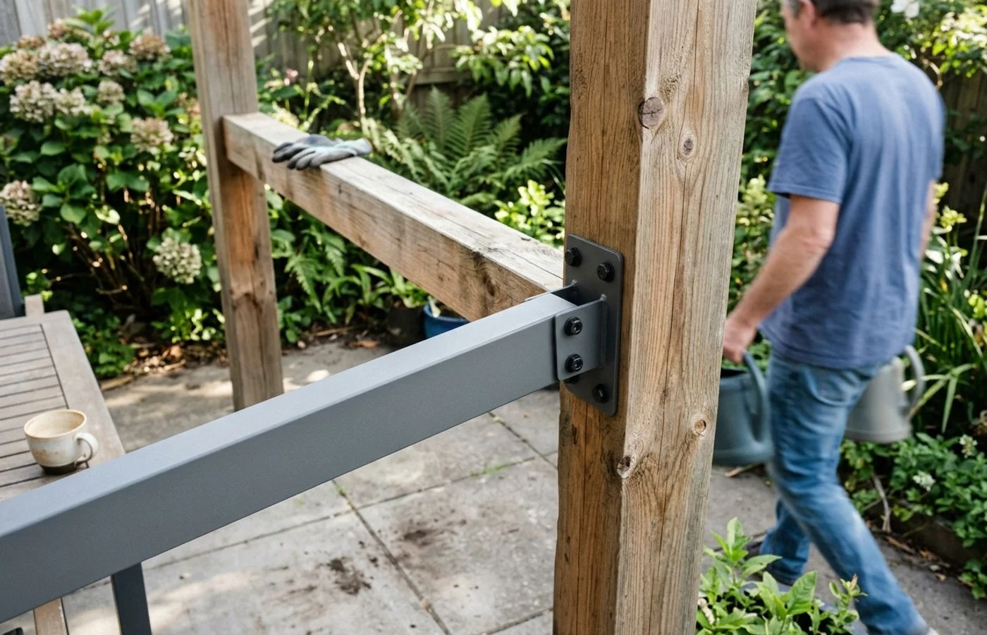 Powder-coated aluminium pergola frame next to a cedar timber beam