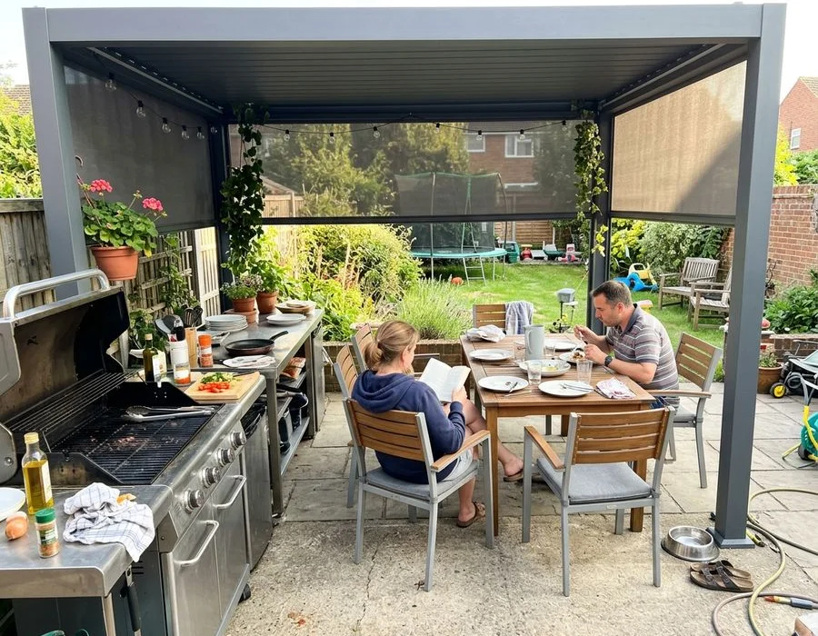 Freestanding aluminium pergola with side blinds in Luton