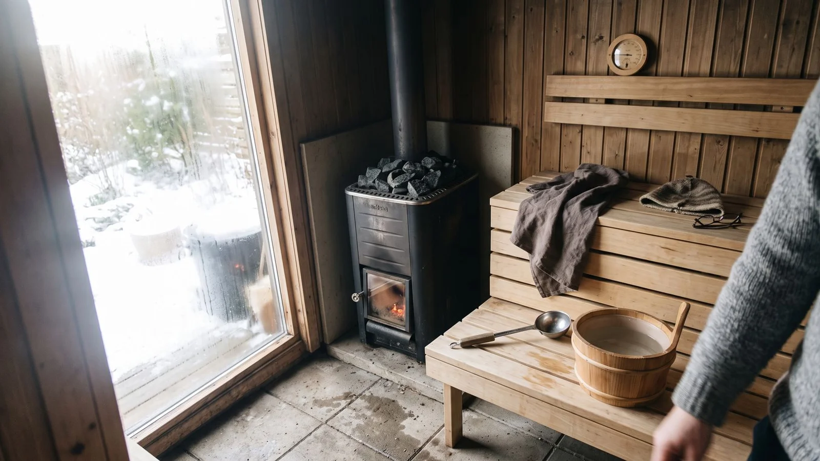 Interior of a Finnish-style garden sauna with aspen bench and wood-burning stove