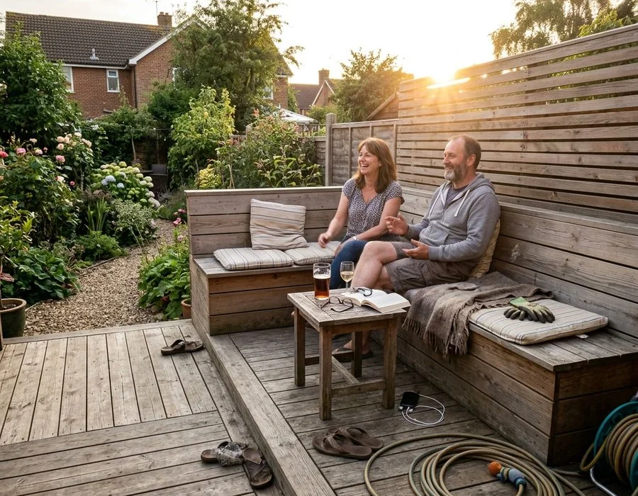 Multi-level raised timber decking with built-in seating