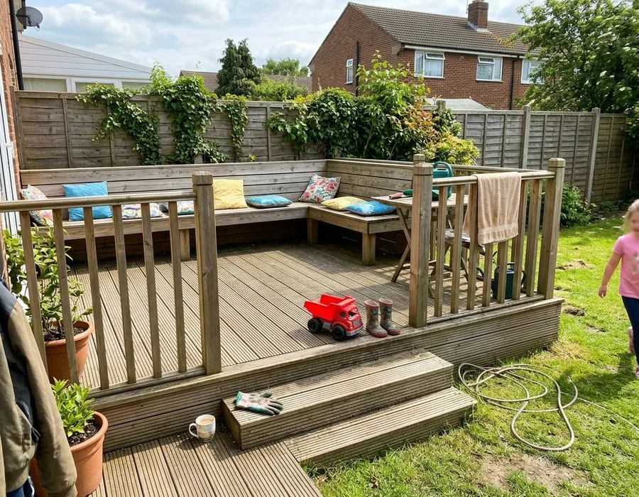 Multi-level timber deck with built-in seating in Luton