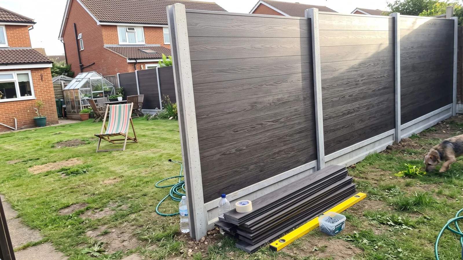 Newly installed composite privacy fencing along a Bedfordshire garden boundary