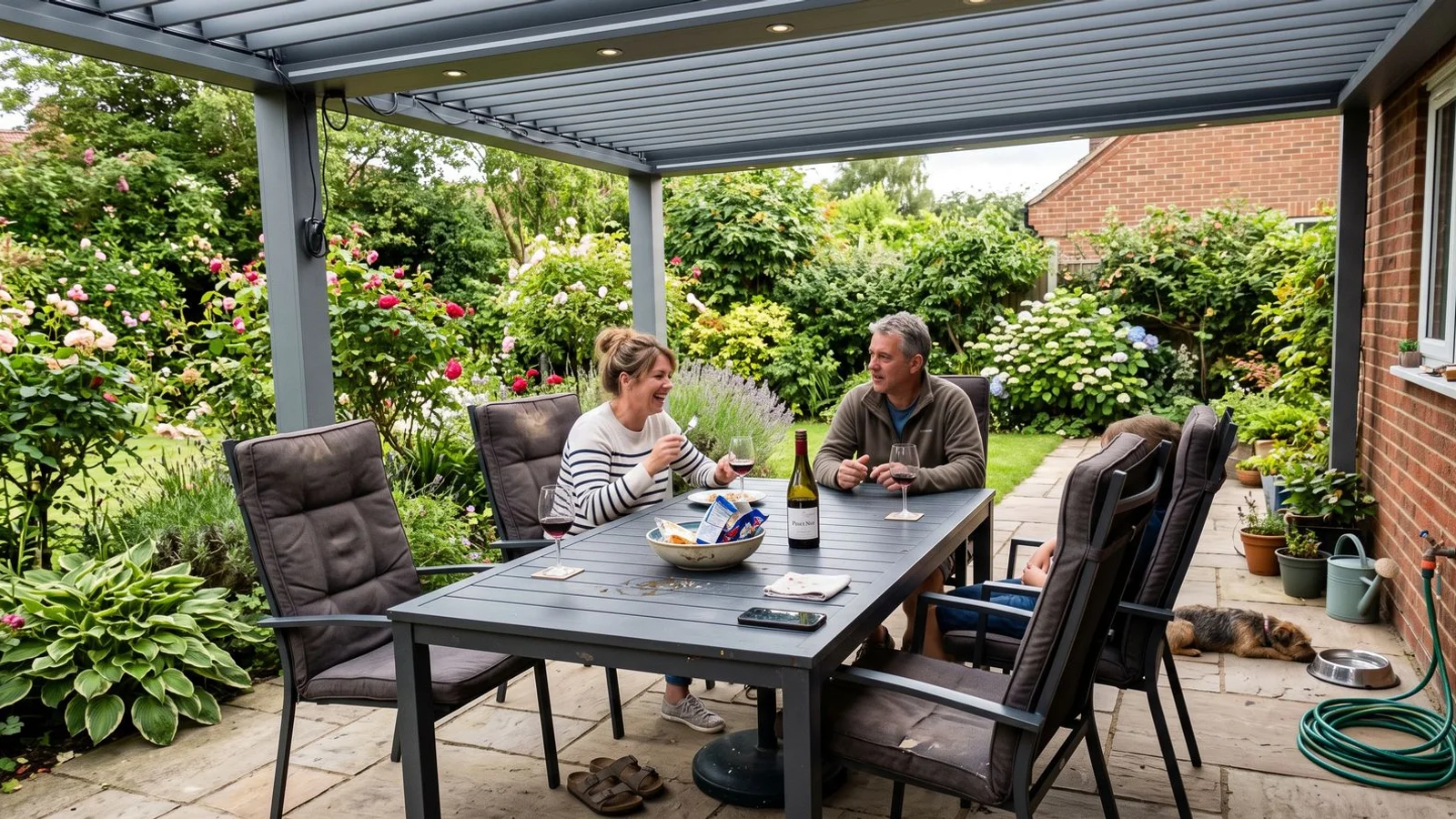 Premium aluminium pergola over a British garden patio