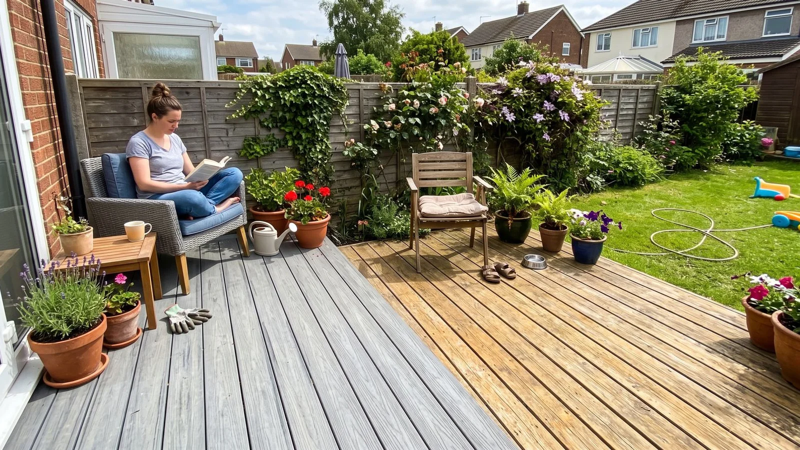 Split view comparing a composite deck and a natural timber deck in a British garden