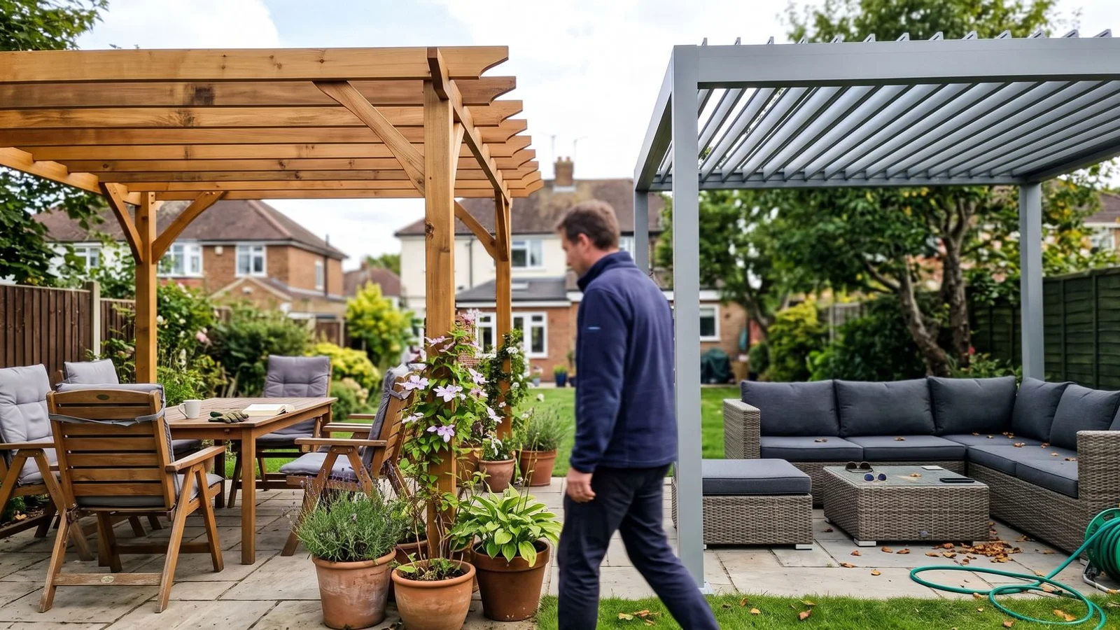 Timber and aluminium pergolas shown side by side