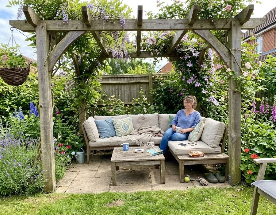 Timber pergola with climbing plants over seating area in Bedford