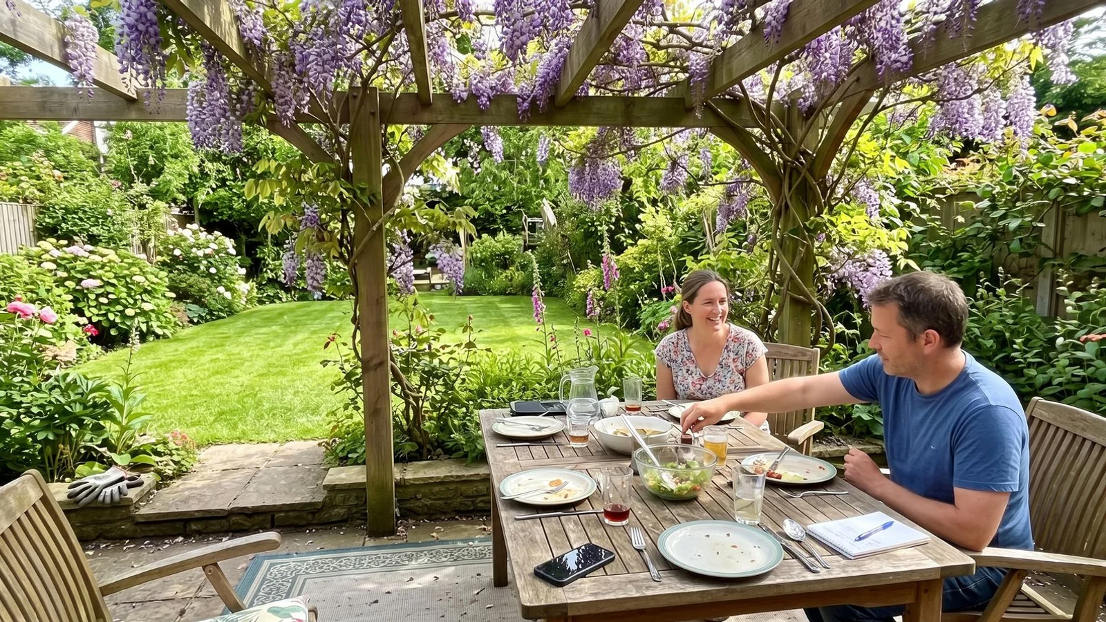 Timber pergola with climbing wisteria over an outdoor dining table