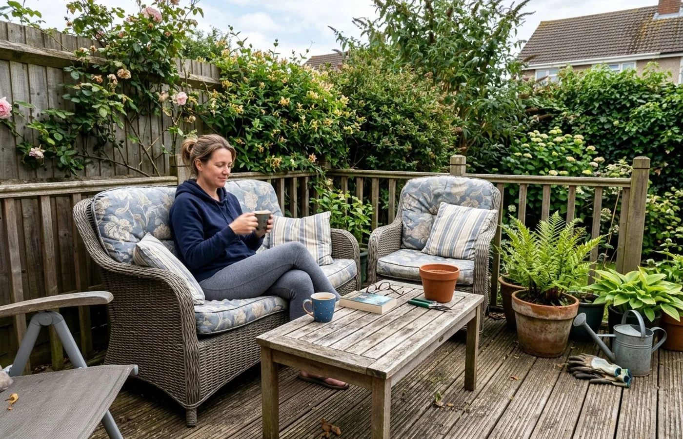 Traditional hardwood timber deck in a British back garden